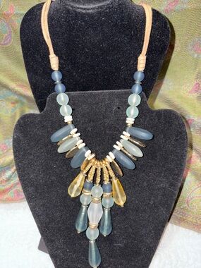 Chico’s Boho Teardrop Statement Necklace - Blue, Teal & Gold glass teardrops